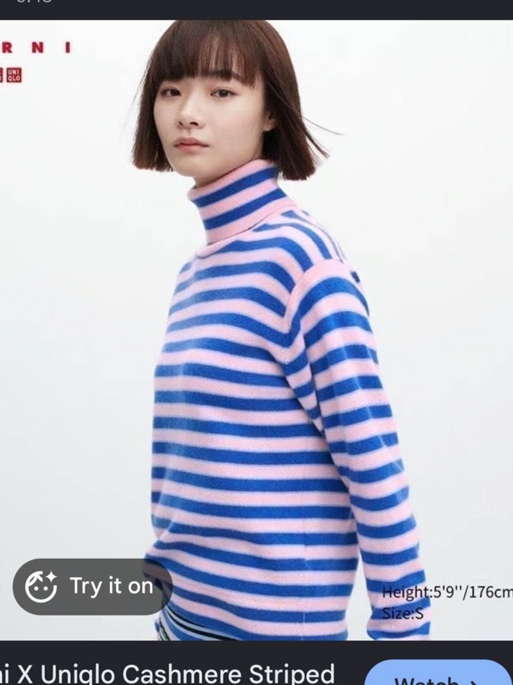 Marni x Uniqlo 100% Cashmere Striped Turtleneck Sweater Pink Blue Small